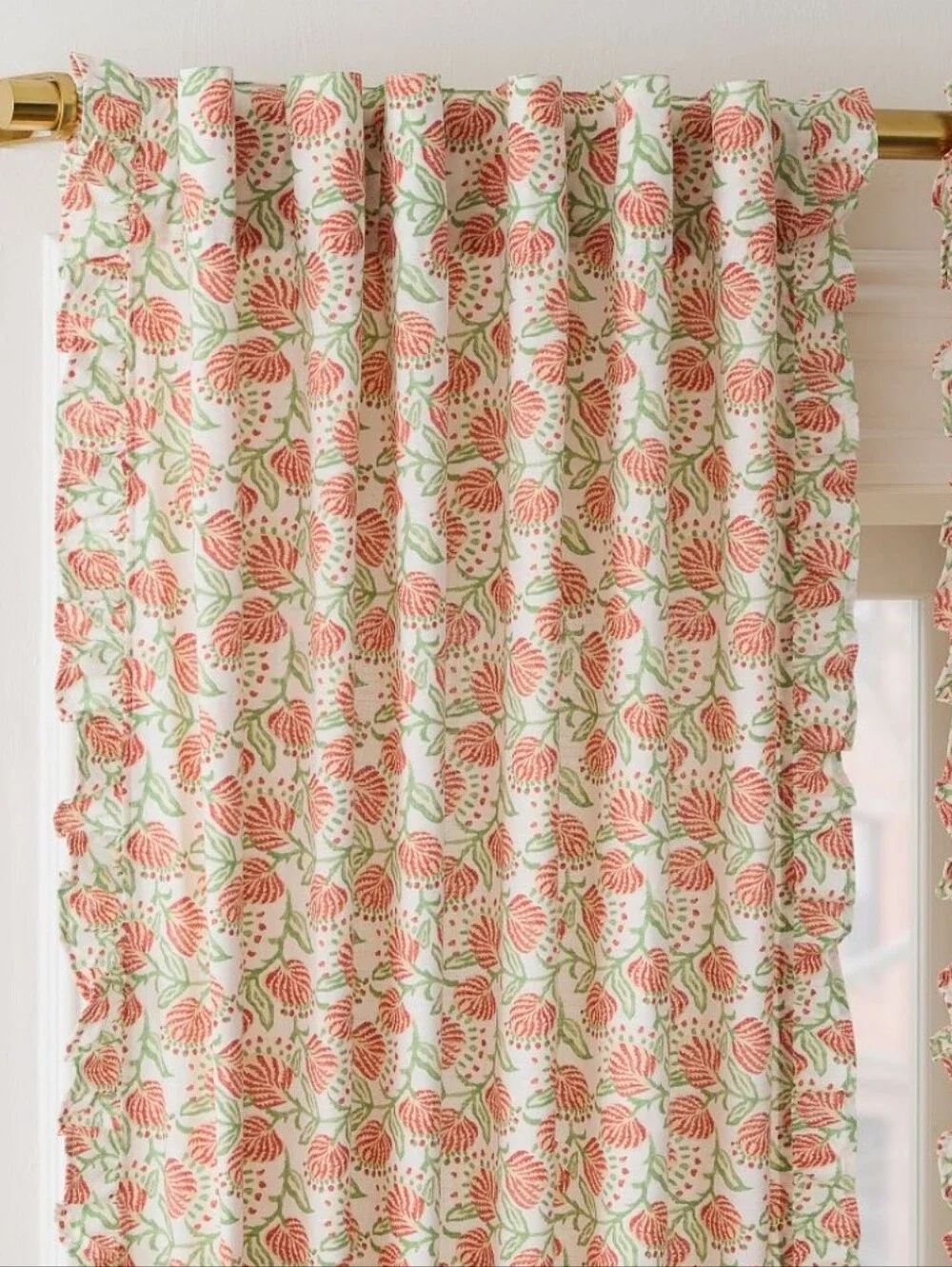 West Elm Vine Floral Ruffle Panel Curtain in Coral and Green set of 2 48